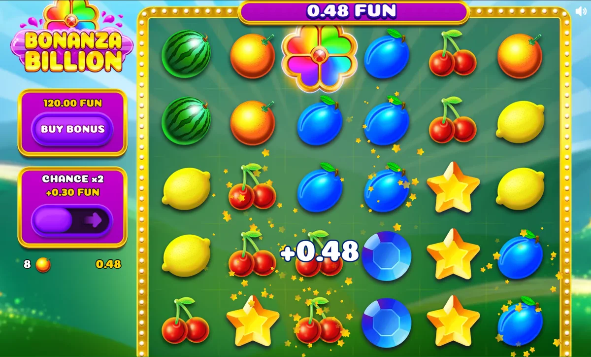 A cascade in progress: eight oranges paying 0.48 on a 1.20 bet while star and gem symbols drop into the cleared positions