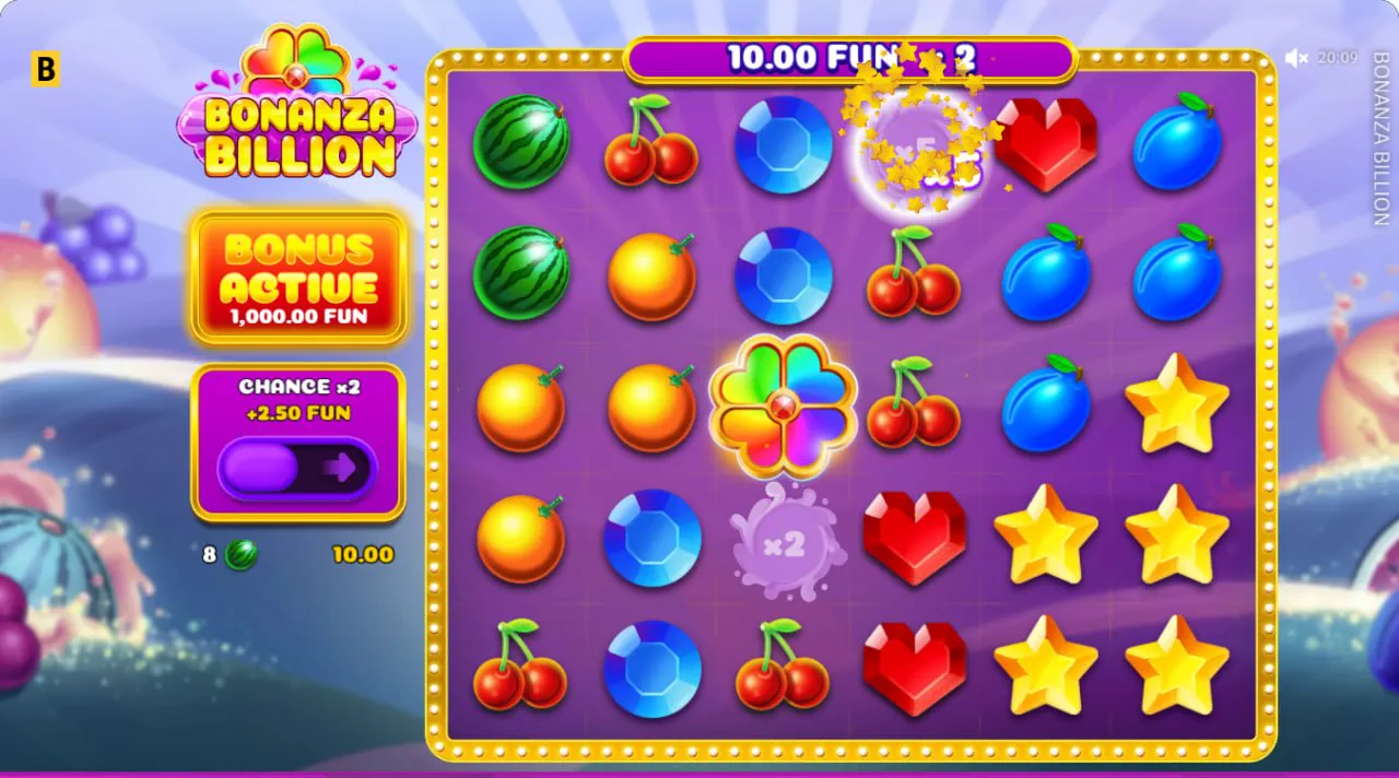 Bonanza Billion free spins grid on the purple background with x5 and x2 multiplier bombs