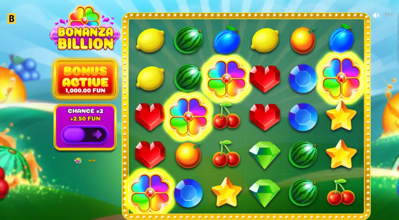 Four glowing rainbow flower scatters on the Bonanza Billion grid with the Bonus Active panel on the left